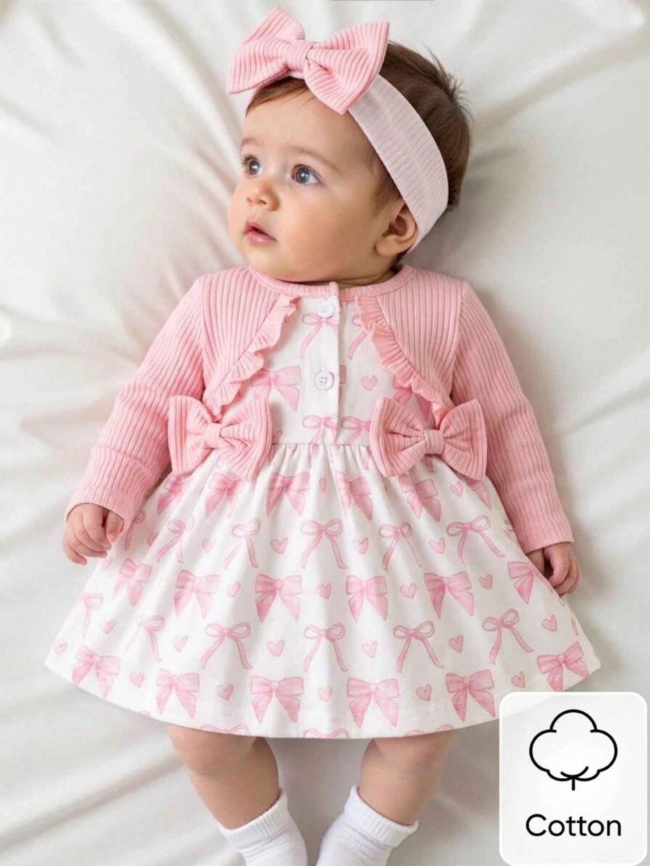 Newborn Baby Girl's Light Pink Summer Cute Birthday Dress&Matching Headband 2-Piece Set Long Sleeved Floral Heart Print Elegant Sweet Infant Clothes