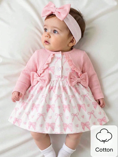 Newborn Baby Girl's Light Pink Summer Cute Birthday Dress&Matching Headband 2-Piece Set Long Sleeved Floral Heart Print Elegant Sweet Infant Clothes
