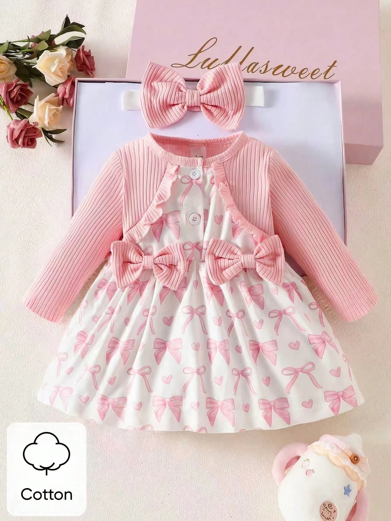Newborn Baby Girl's Light Pink Summer Cute Birthday Dress&Matching Headband 2-Piece Set Long Sleeved Floral Heart Print Elegant Sweet Infant Clothes