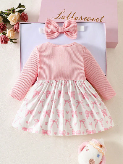 Newborn Baby Girl's Light Pink Summer Cute Birthday Dress&Matching Headband 2-Piece Set Long Sleeved Floral Heart Print Elegant Sweet Infant Clothes