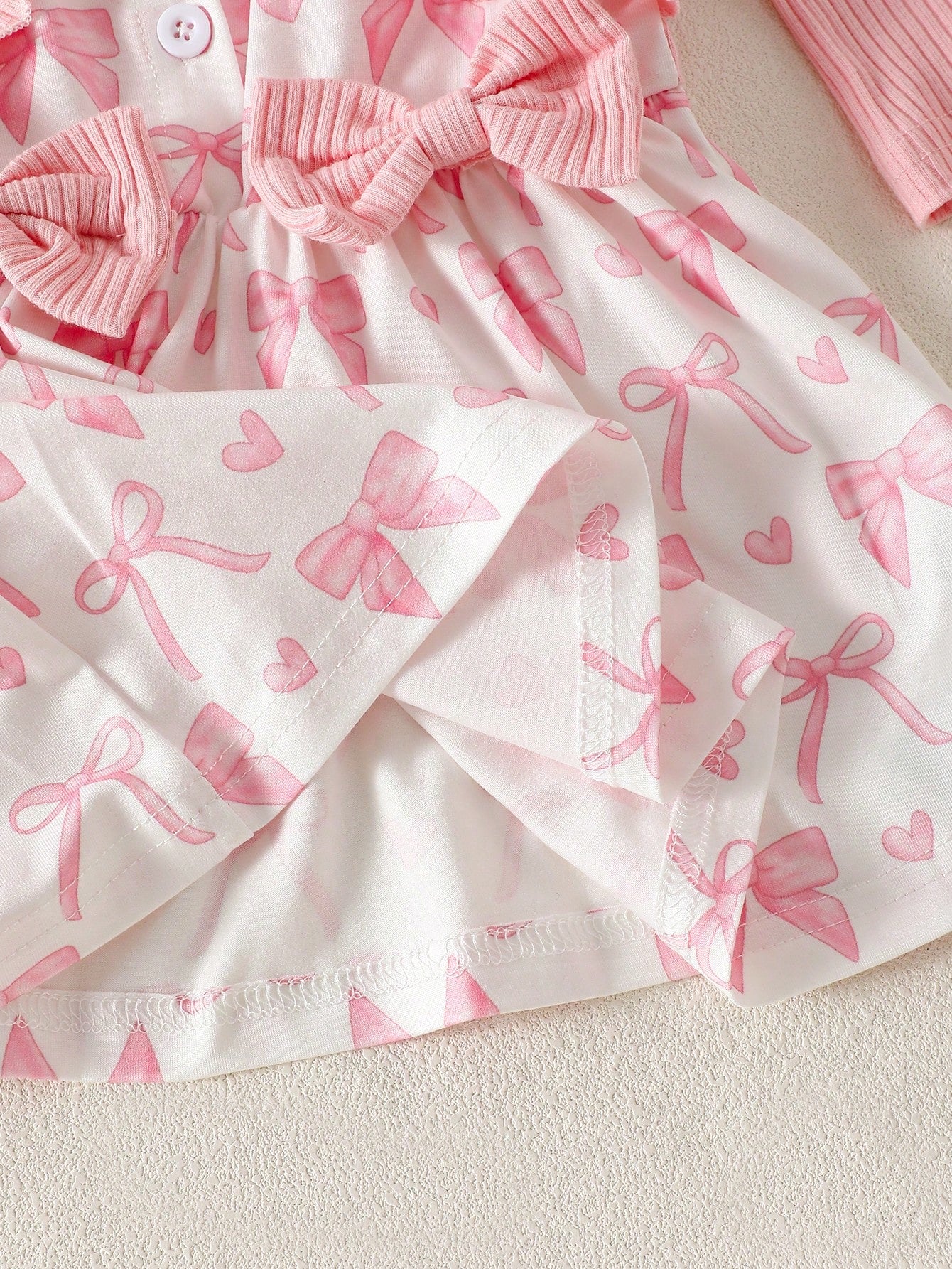 Newborn Baby Girl's Light Pink Summer Cute Birthday Dress&Matching Headband 2-Piece Set Long Sleeved Floral Heart Print Elegant Sweet Infant Clothes