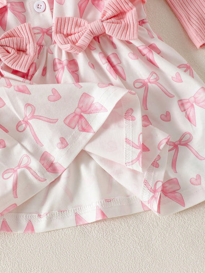 Newborn Baby Girl's Light Pink Summer Cute Birthday Dress&Matching Headband 2-Piece Set Long Sleeved Floral Heart Print Elegant Sweet Infant Clothes