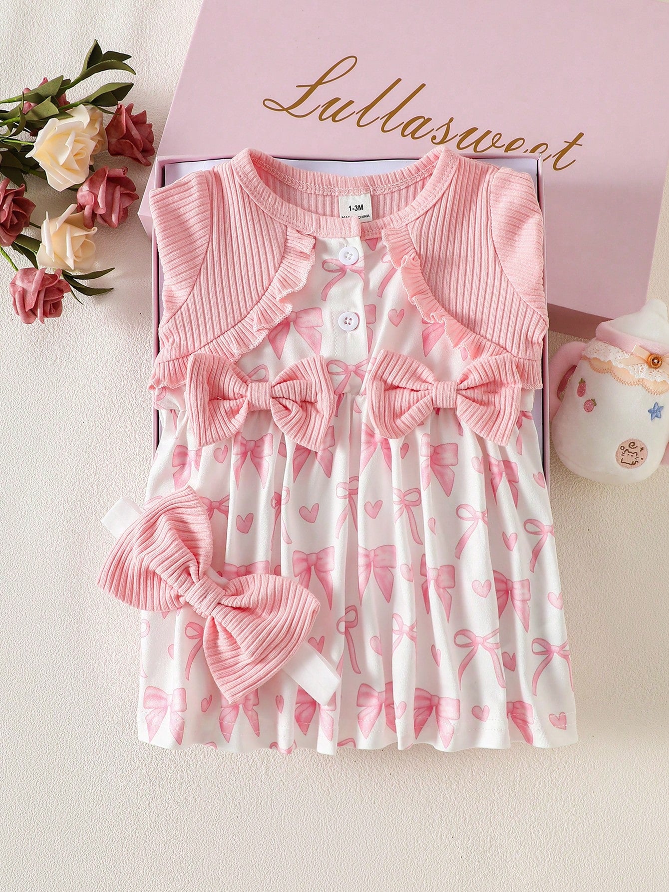 Newborn Baby Girl's Light Pink Summer Cute Birthday Dress&Matching Headband 2-Piece Set Long Sleeved Floral Heart Print Elegant Sweet Infant Clothes