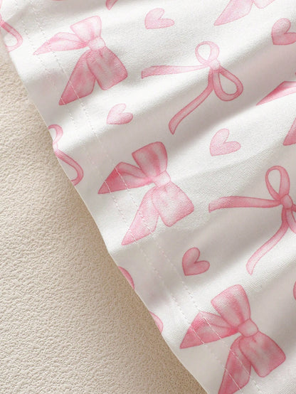 Newborn Baby Girl's Light Pink Summer Cute Birthday Dress&Matching Headband 2-Piece Set Long Sleeved Floral Heart Print Elegant Sweet Infant Clothes