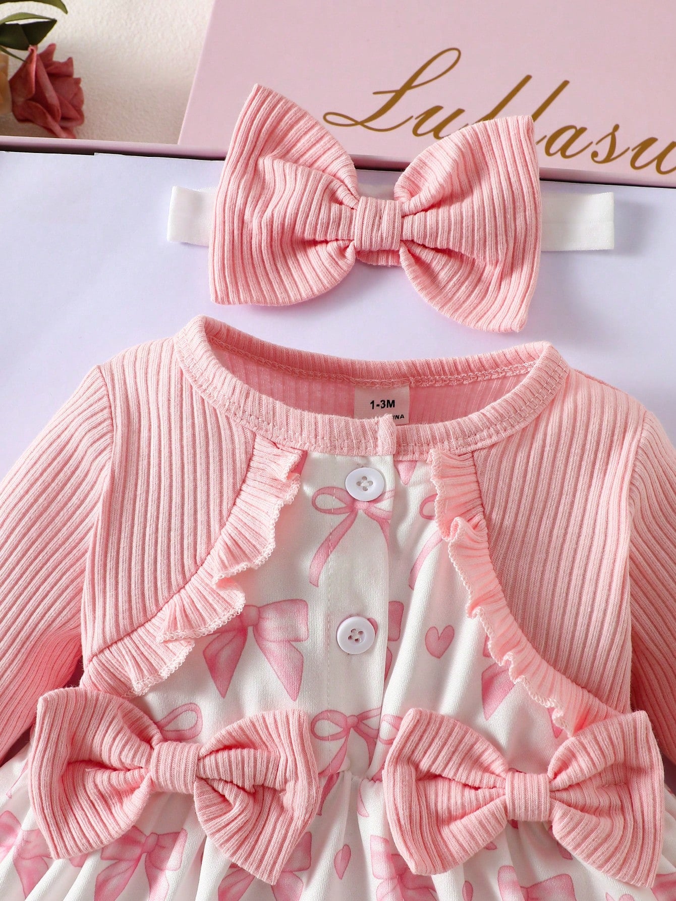 Newborn Baby Girl's Light Pink Summer Cute Birthday Dress&Matching Headband 2-Piece Set Long Sleeved Floral Heart Print Elegant Sweet Infant Clothes