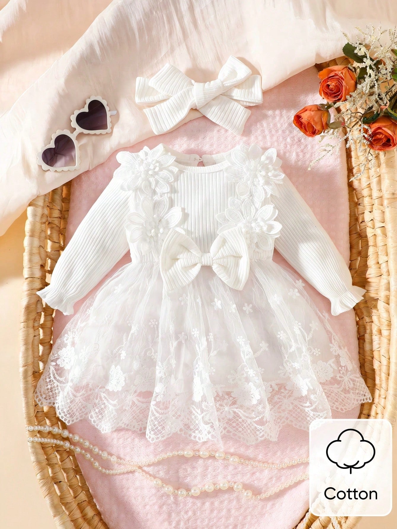 Newborn Baby Girl White Pit Stripe Embroidery Flower Bow Splicing Mesh DressHeadband 2-Piece Set Elegant Party Cruise Autumn Winter Clothes Wedding
