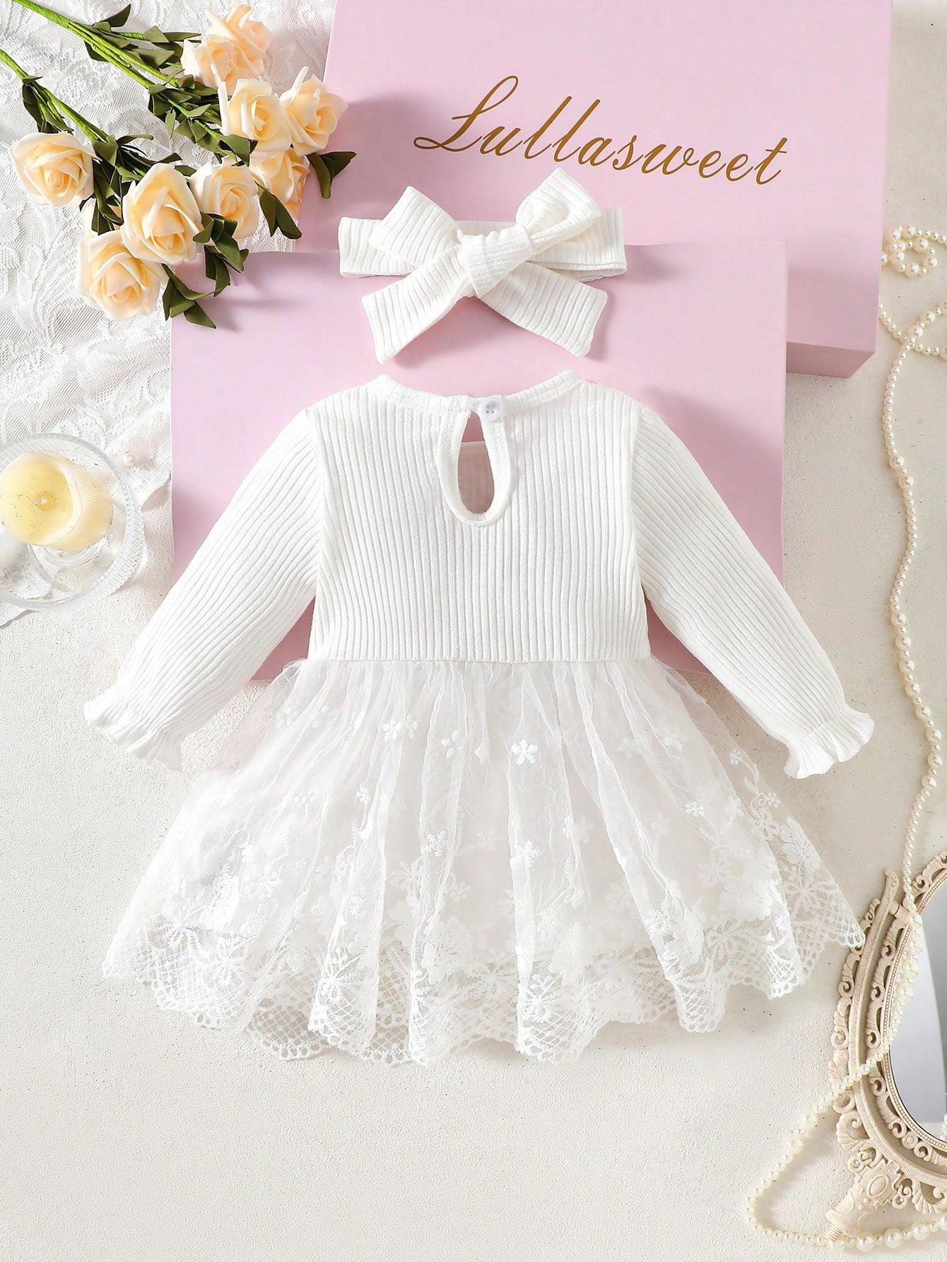 Newborn Baby Girl White Pit Stripe Embroidery Flower Bow Splicing Mesh DressHeadband 2-Piece Set Elegant Party Cruise Autumn Winter Clothes Wedding