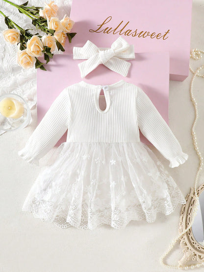 Newborn Baby Girl White Pit Stripe Embroidery Flower Bow Splicing Mesh DressHeadband 2-Piece Set Elegant Party Cruise Autumn Winter Clothes Wedding