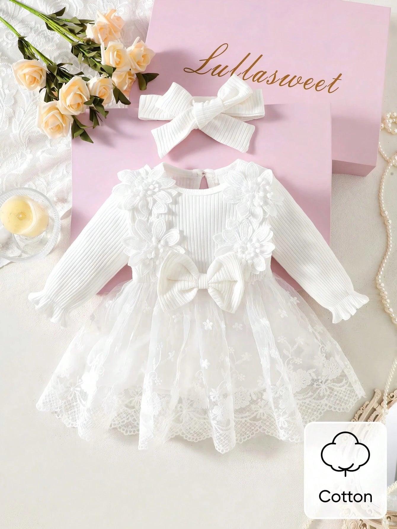 Newborn Baby Girl White Pit Stripe Embroidery Flower Bow Splicing Mesh DressHeadband 2-Piece Set Elegant Party Cruise Autumn Winter Clothes Wedding