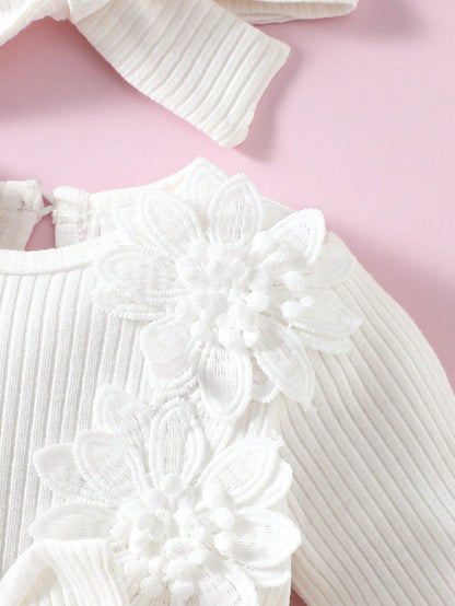 Newborn Baby Girl White Pit Stripe Embroidery Flower Bow Splicing Mesh DressHeadband 2-Piece Set Elegant Party Cruise Autumn Winter Clothes Wedding