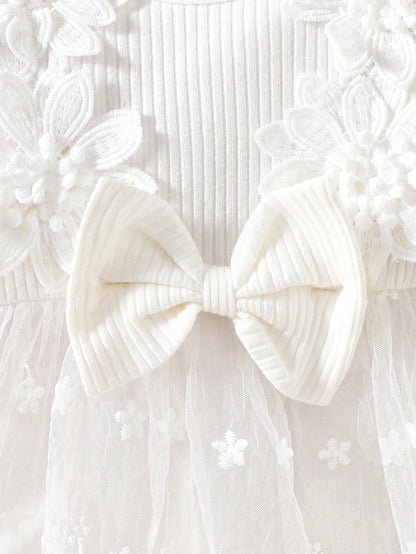 Newborn Baby Girl White Pit Stripe Embroidery Flower Bow Splicing Mesh DressHeadband 2-Piece Set Elegant Party Cruise Autumn Winter Clothes Wedding