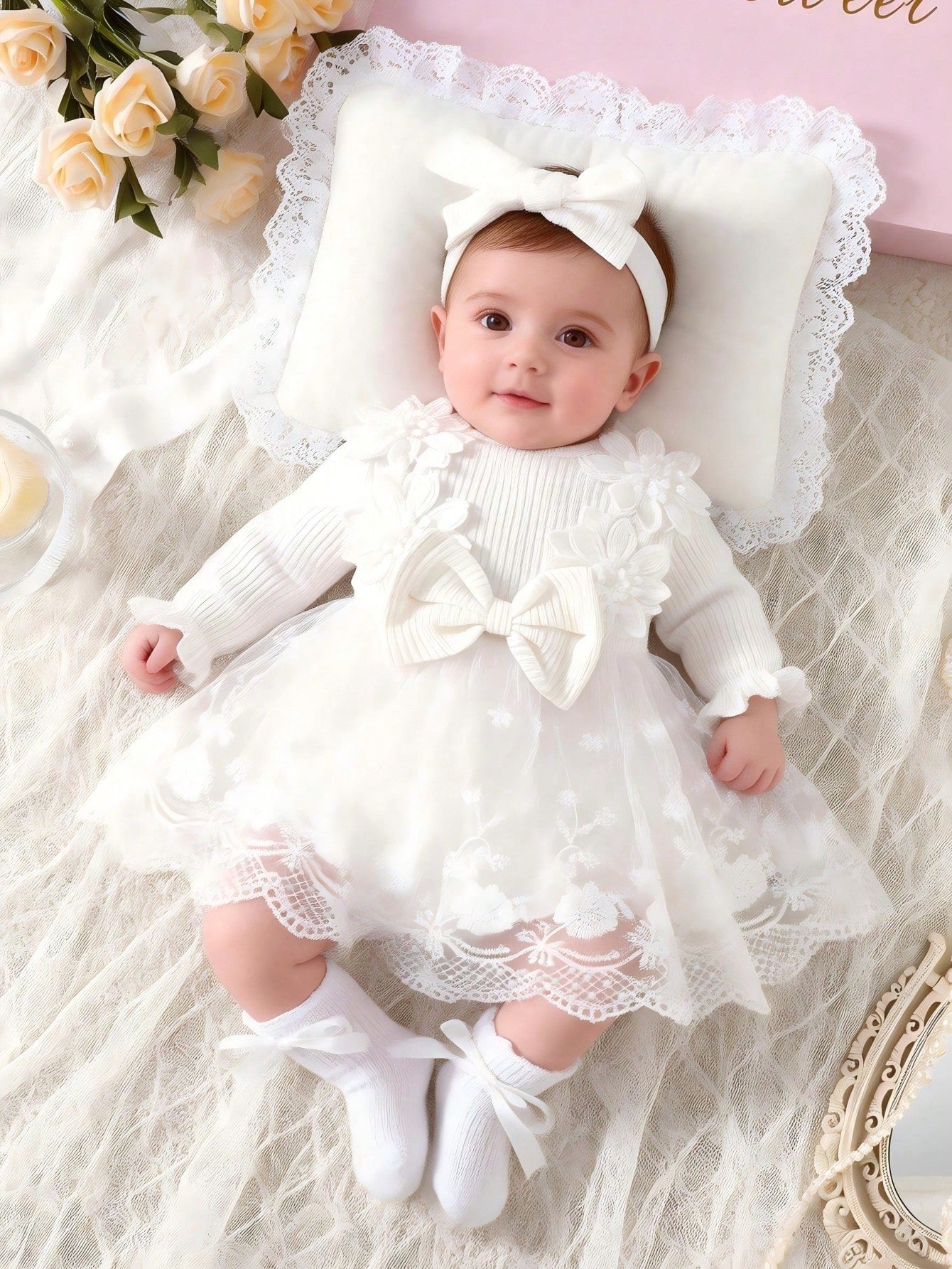 Newborn Baby Girl White Pit Stripe Embroidery Flower Bow Splicing Mesh DressHeadband 2-Piece Set Elegant Party Cruise Autumn Winter Clothes Wedding