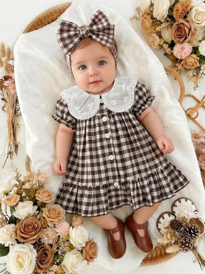Newborn Cute Cartoon Heart Pattern Suspender Bow Decor Princess Dress, Suitable For Spring/Summer Outings, Vacations And Parties