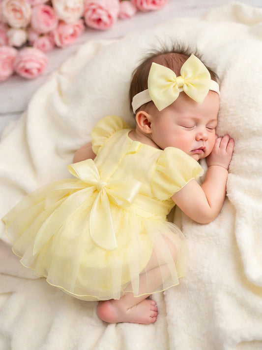 Newborn Girl Romper Dress With Bow Headband Cute Pale Yellow Summer Baby Photography Outfits Infant Birthday Photo Shoot Dress 0-3 Months Outfit