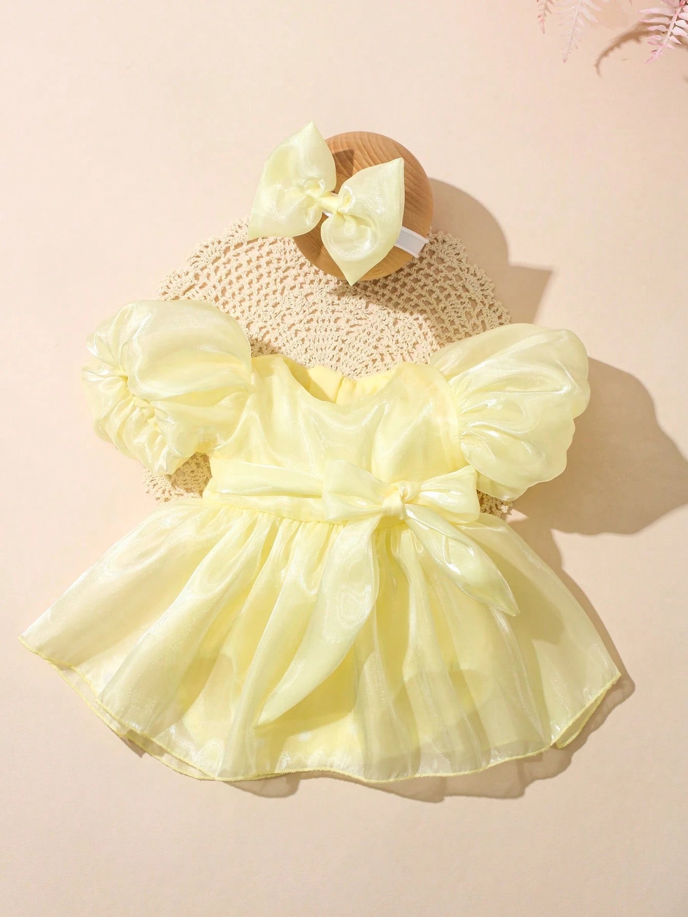 Newborn Girl Romper Dress With Bow Headband Cute Pale Yellow Summer Baby Photography Outfits Infant Birthday Photo Shoot Dress 0-3 Months Outfit