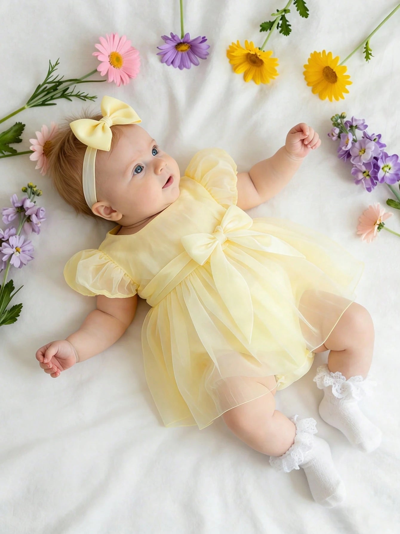 Newborn Girl Romper Dress With Bow Headband Cute Pale Yellow Summer Baby Photography Outfits Infant Birthday Photo Shoot Dress 0-3 Months Outfit