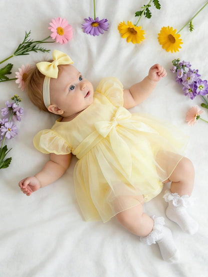 Newborn Girl Romper Dress With Bow Headband Cute Pale Yellow Summer Baby Photography Outfits Infant Birthday Photo Shoot Dress 0-3 Months Outfit