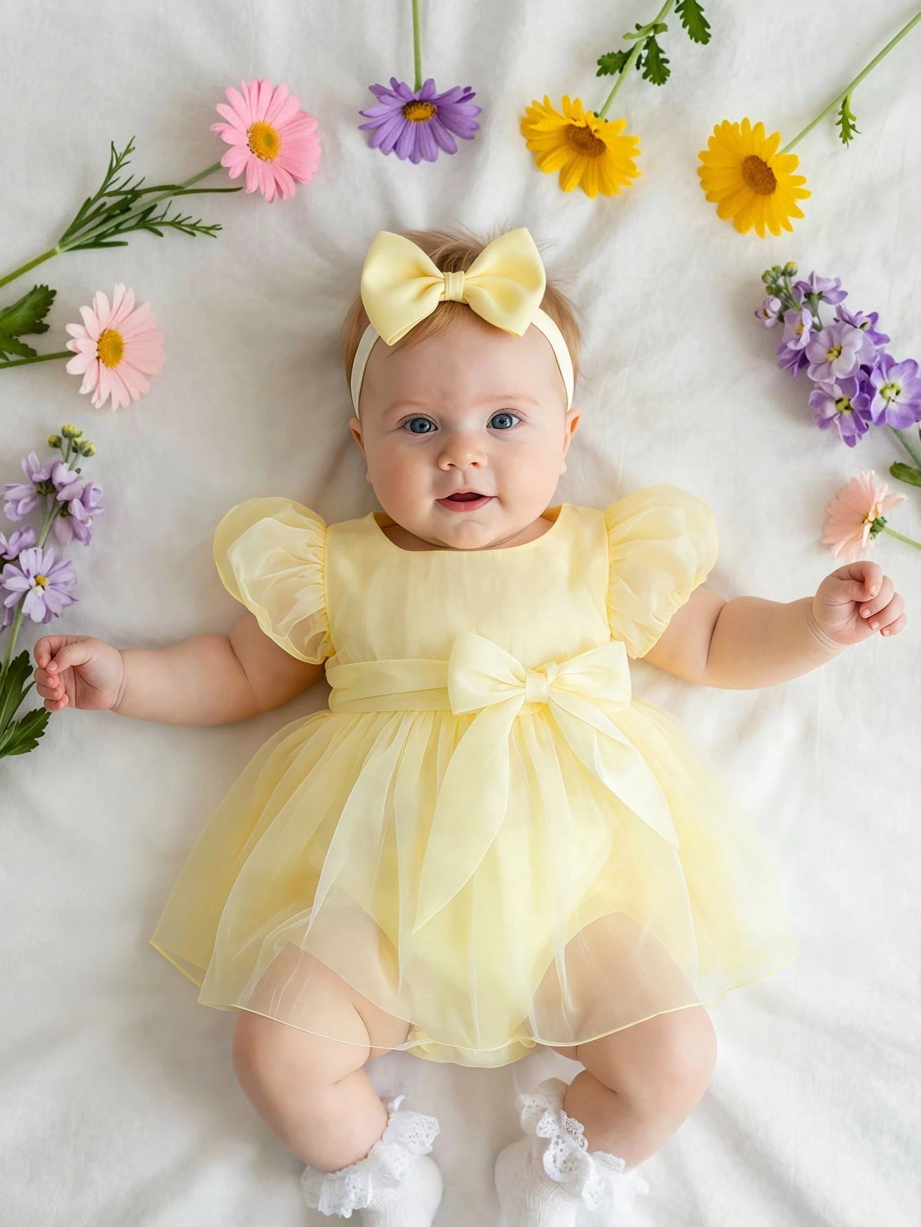 Newborn Girl Romper Dress With Bow Headband Cute Pale Yellow Summer Baby Photography Outfits Infant Birthday Photo Shoot Dress 0-3 Months Outfit