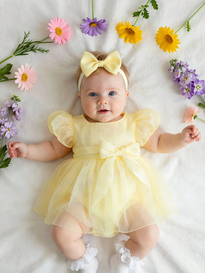 Newborn Girl Romper Dress With Bow Headband Cute Pale Yellow Summer Baby Photography Outfits Infant Birthday Photo Shoot Dress 0-3 Months Outfit