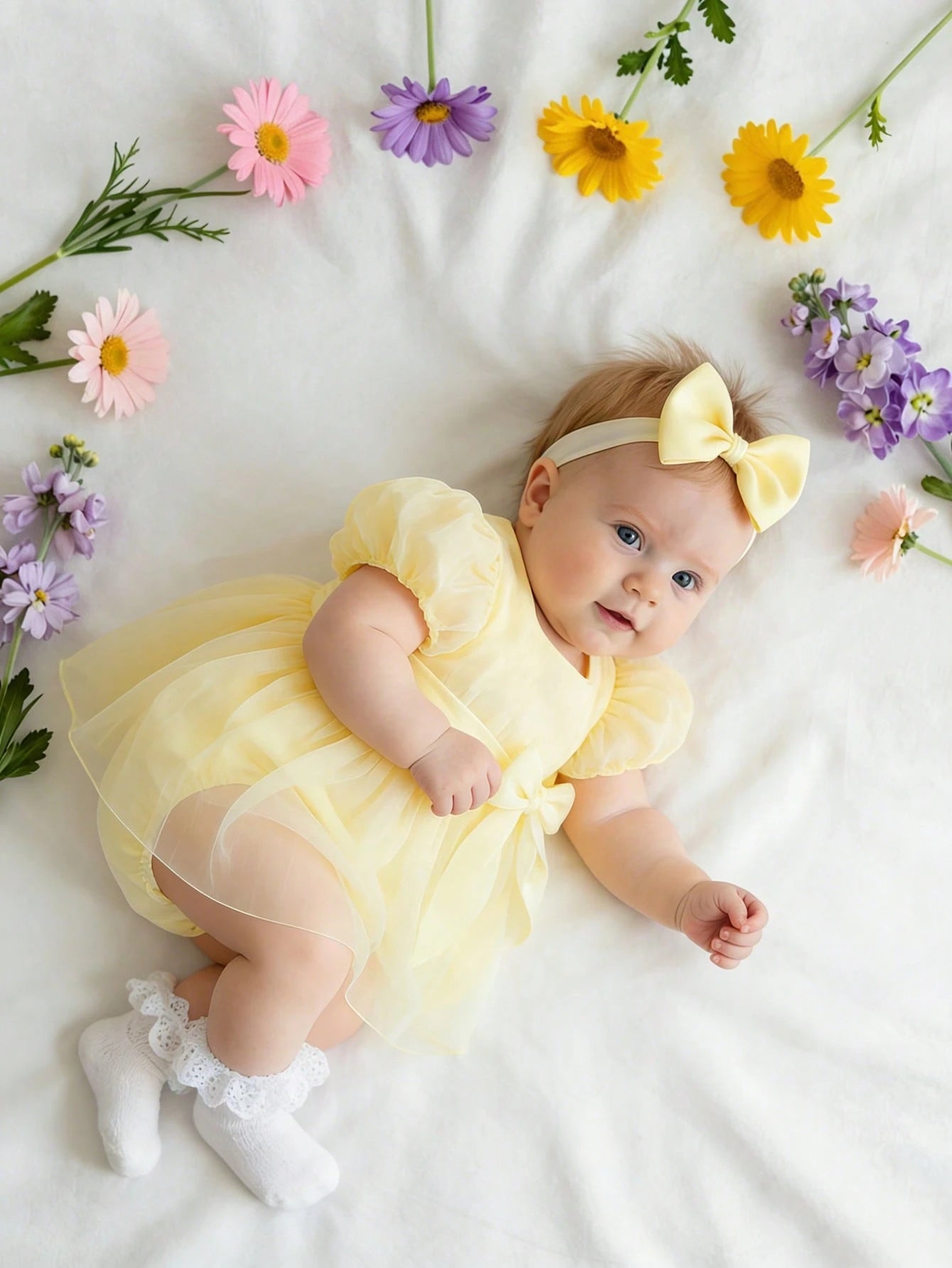 Newborn Girl Romper Dress With Bow Headband Cute Pale Yellow Summer Baby Photography Outfits Infant Birthday Photo Shoot Dress 0-3 Months Outfit