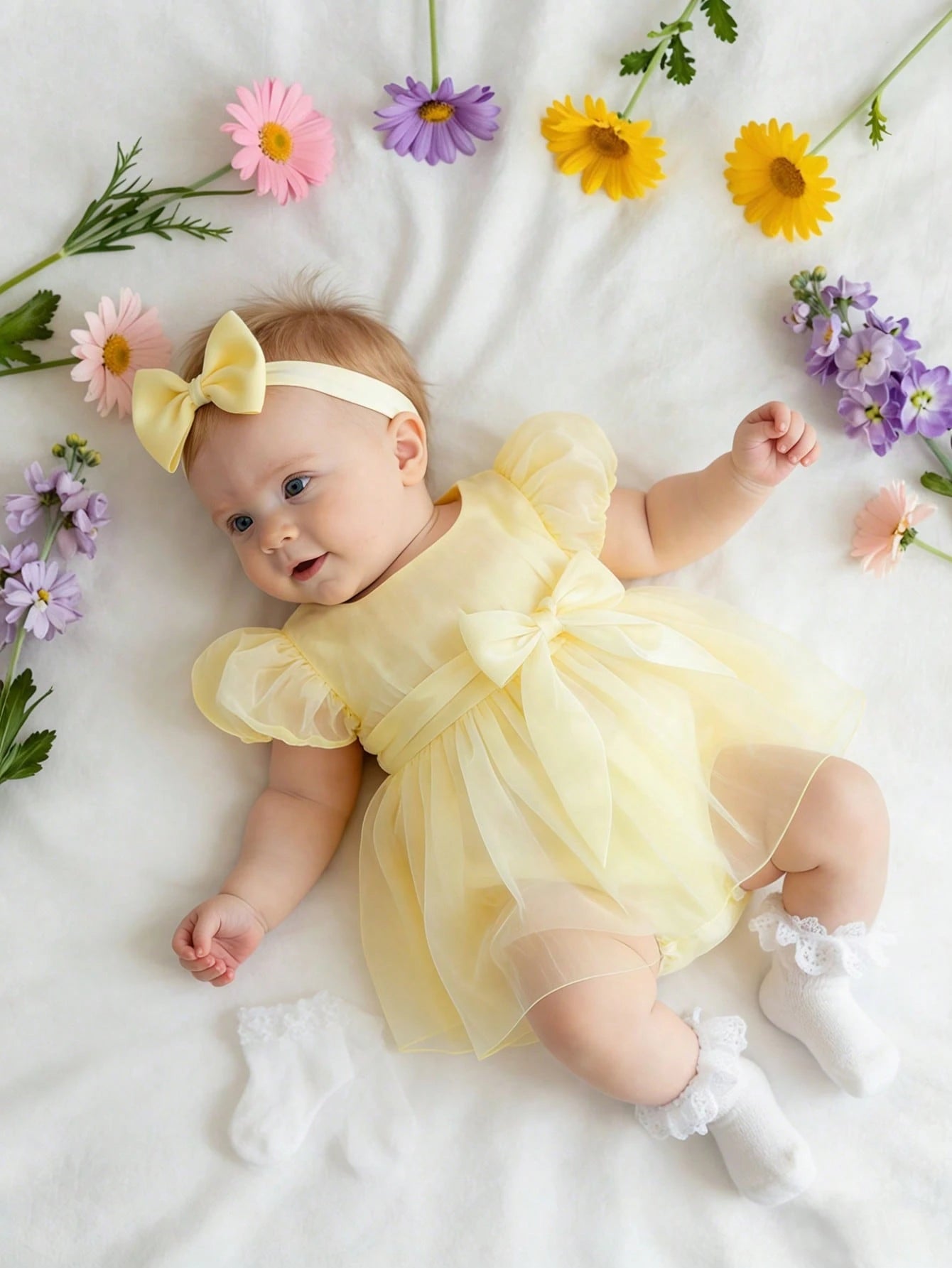 Newborn Girl Romper Dress With Bow Headband Cute Pale Yellow Summer Baby Photography Outfits Infant Birthday Photo Shoot Dress 0-3 Months Outfit