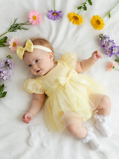 Newborn Girl Romper Dress With Bow Headband Cute Pale Yellow Summer Baby Photography Outfits Infant Birthday Photo Shoot Dress 0-3 Months Outfit