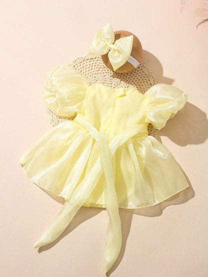 Newborn Girl Romper Dress With Bow Headband Cute Pale Yellow Summer Baby Photography Outfits Infant Birthday Photo Shoot Dress 0-3 Months Outfit