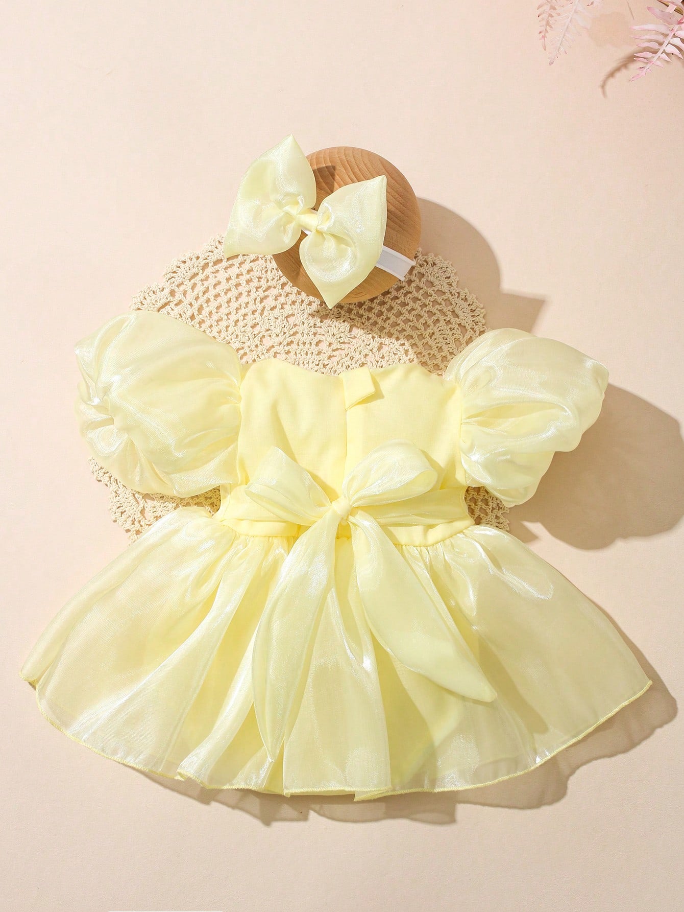 Newborn Girl Romper Dress With Bow Headband Cute Pale Yellow Summer Baby Photography Outfits Infant Birthday Photo Shoot Dress 0-3 Months Outfit