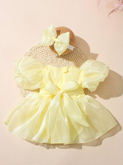 Newborn Girl Romper Dress With Bow Headband Cute Pale Yellow Summer Baby Photography Outfits Infant Birthday Photo Shoot Dress 0-3 Months Outfit