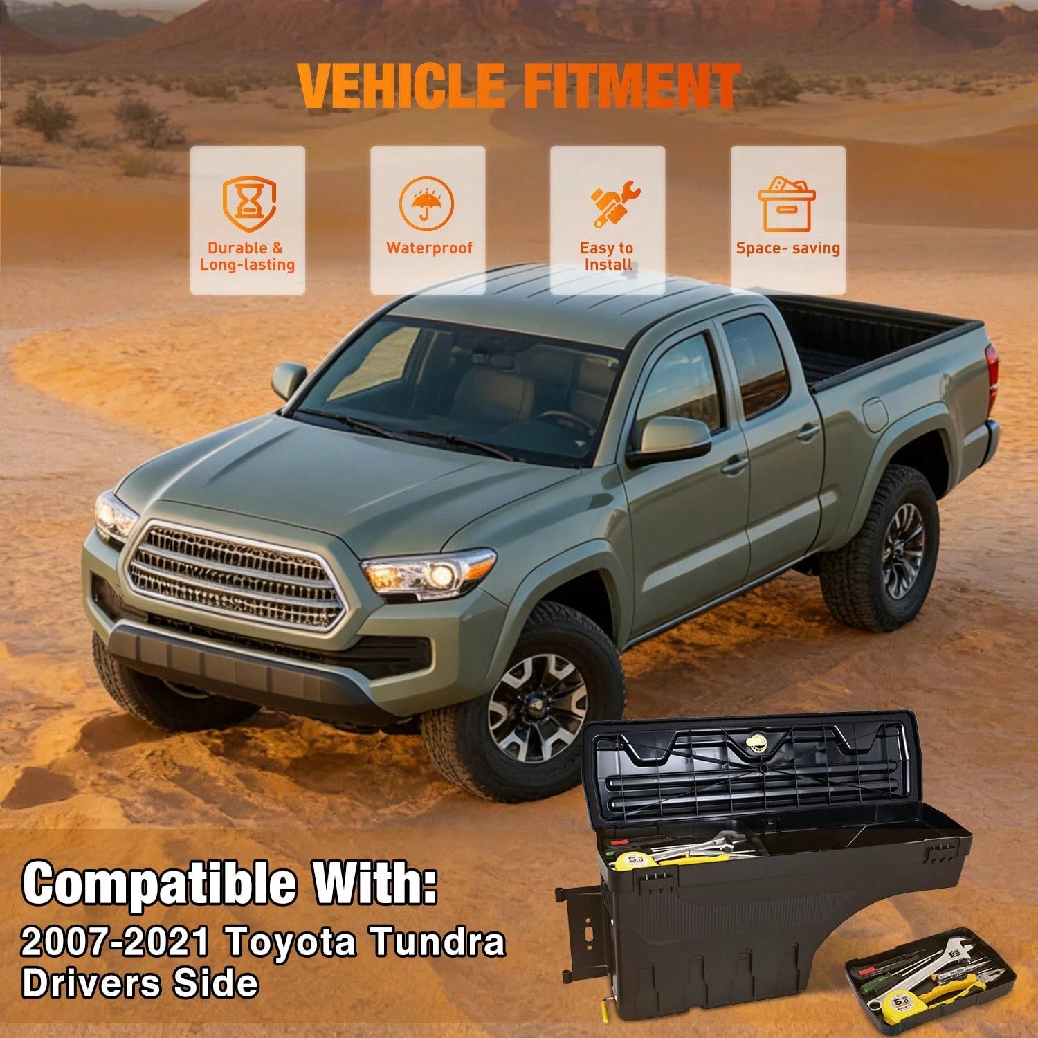 Nilight Truck Bed Tool Box Left Drivers Side Truck Tool Box Compatible With Toyota Tundra 2007-2021 ABS Swing Case Truck Bed Storage Box With Lockable Lid Waterproof Wheel Well Toolbox Black