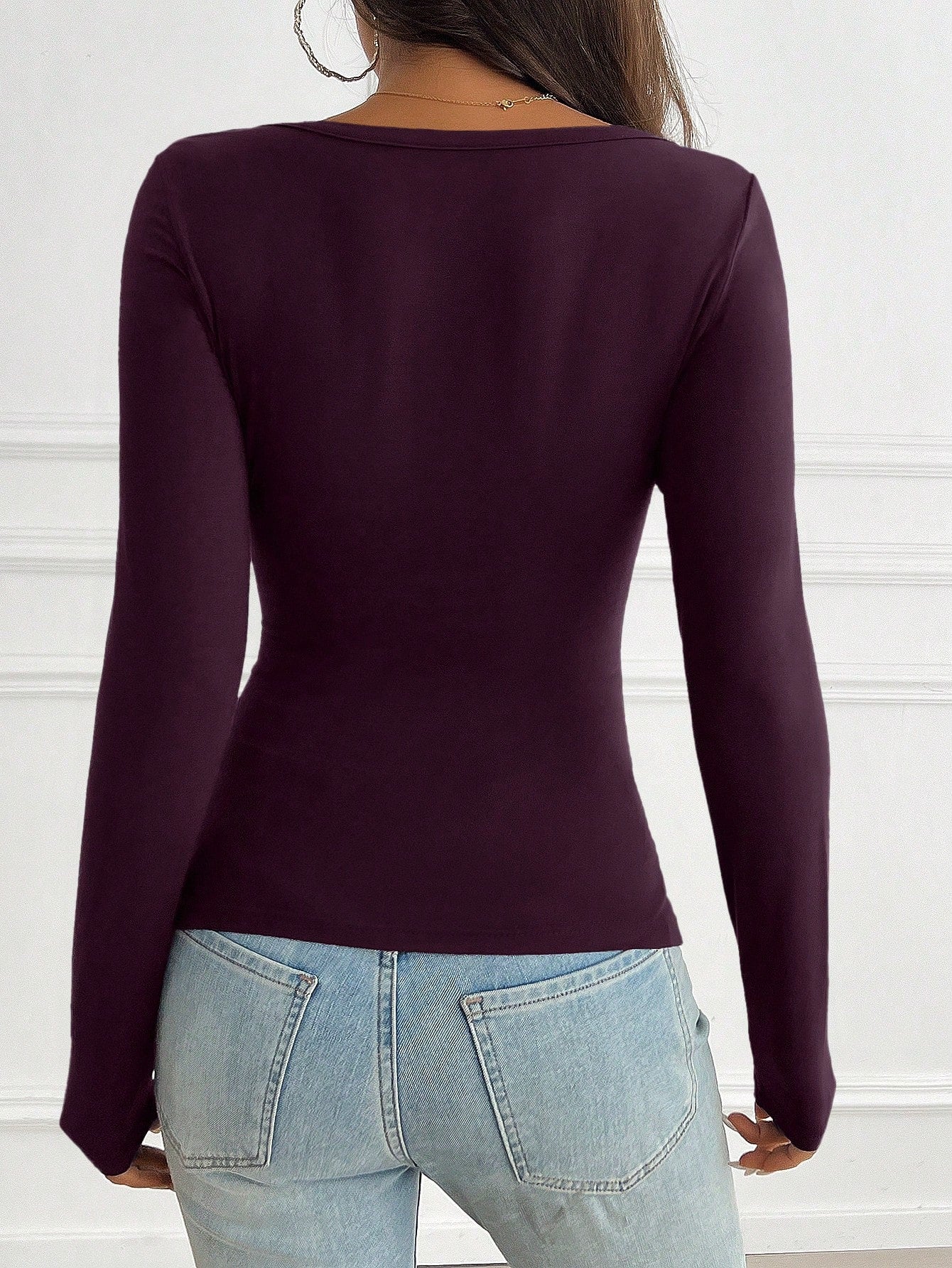 NOIRLYN Women's Y2K Autumn Casual Sexy Solid Color Lace Contrast Fitted Long Sleeve V-Neck Top, Suitable For Daily Commute Wear