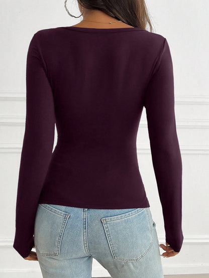 NOIRLYN Women's Y2K Autumn Casual Sexy Solid Color Lace Contrast Fitted Long Sleeve V-Neck Top, Suitable For Daily Commute Wear