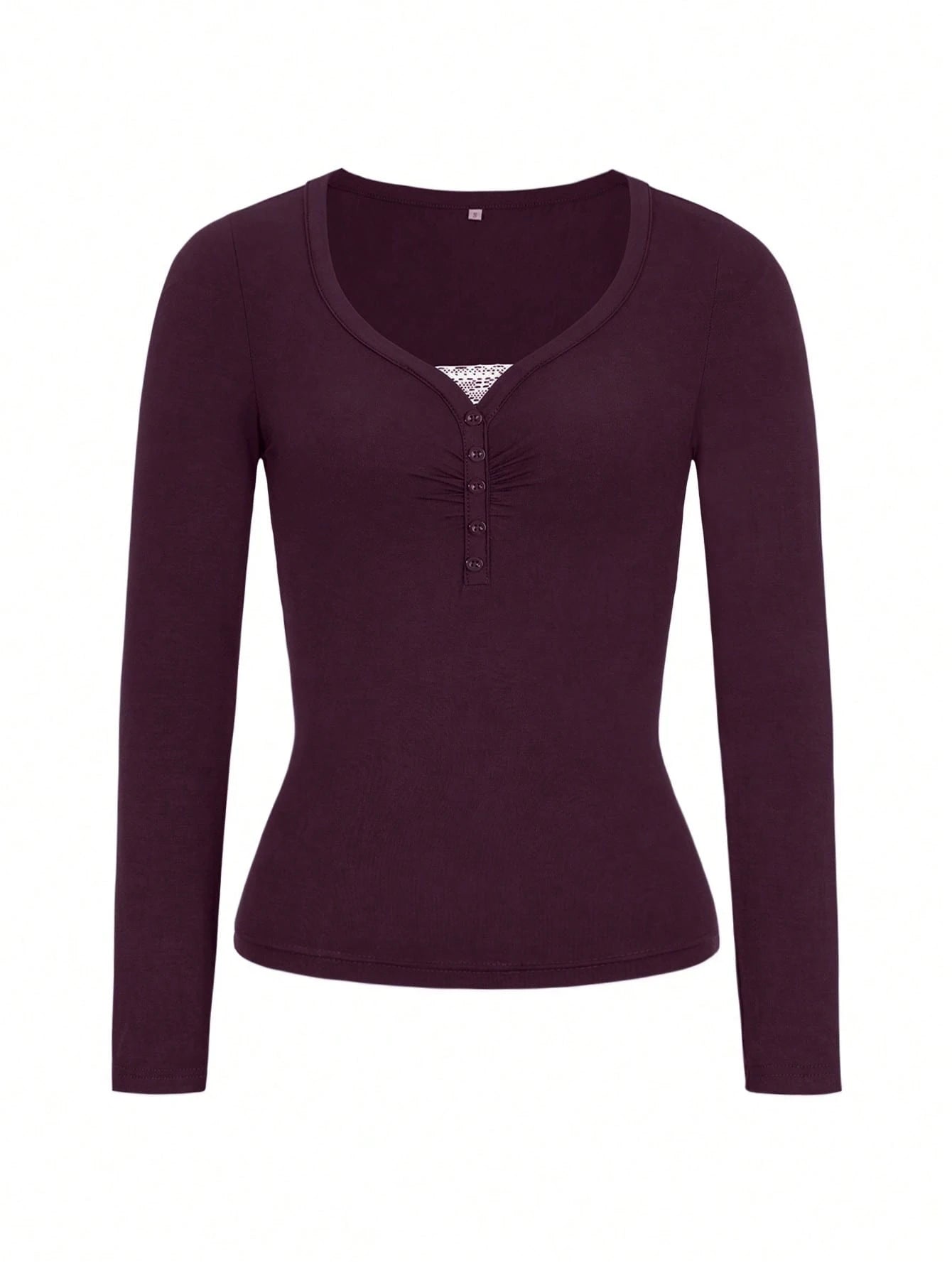 NOIRLYN Women's Y2K Autumn Casual Sexy Solid Color Lace Contrast Fitted Long Sleeve V-Neck Top, Suitable For Daily Commute Wear