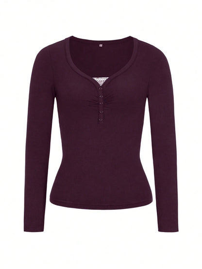 NOIRLYN Women's Y2K Autumn Casual Sexy Solid Color Lace Contrast Fitted Long Sleeve V-Neck Top, Suitable For Daily Commute Wear