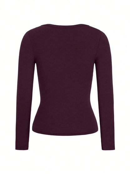 NOIRLYN Women's Y2K Autumn Casual Sexy Solid Color Lace Contrast Fitted Long Sleeve V-Neck Top, Suitable For Daily Commute Wear