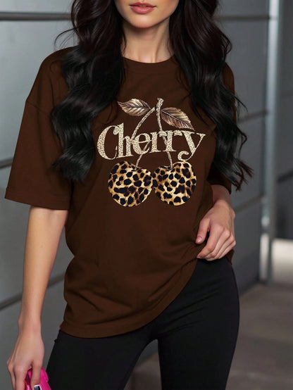 NostaNoir Fashion Leopard Print And Cherry Pattern Crew Neck Short Sleeve Women's Top, Versatile And Streetwear