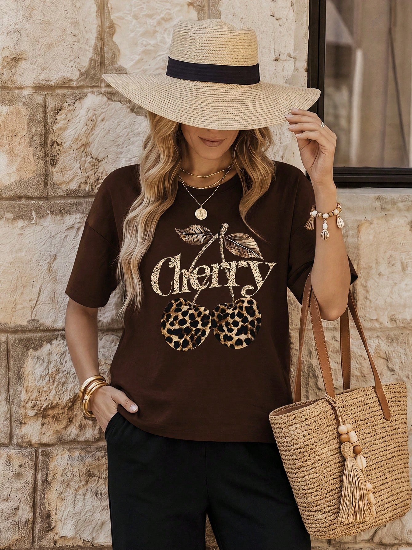 NostaNoir Fashion Leopard Print And Cherry Pattern Crew Neck Short Sleeve Women's Top, Versatile And Streetwear
