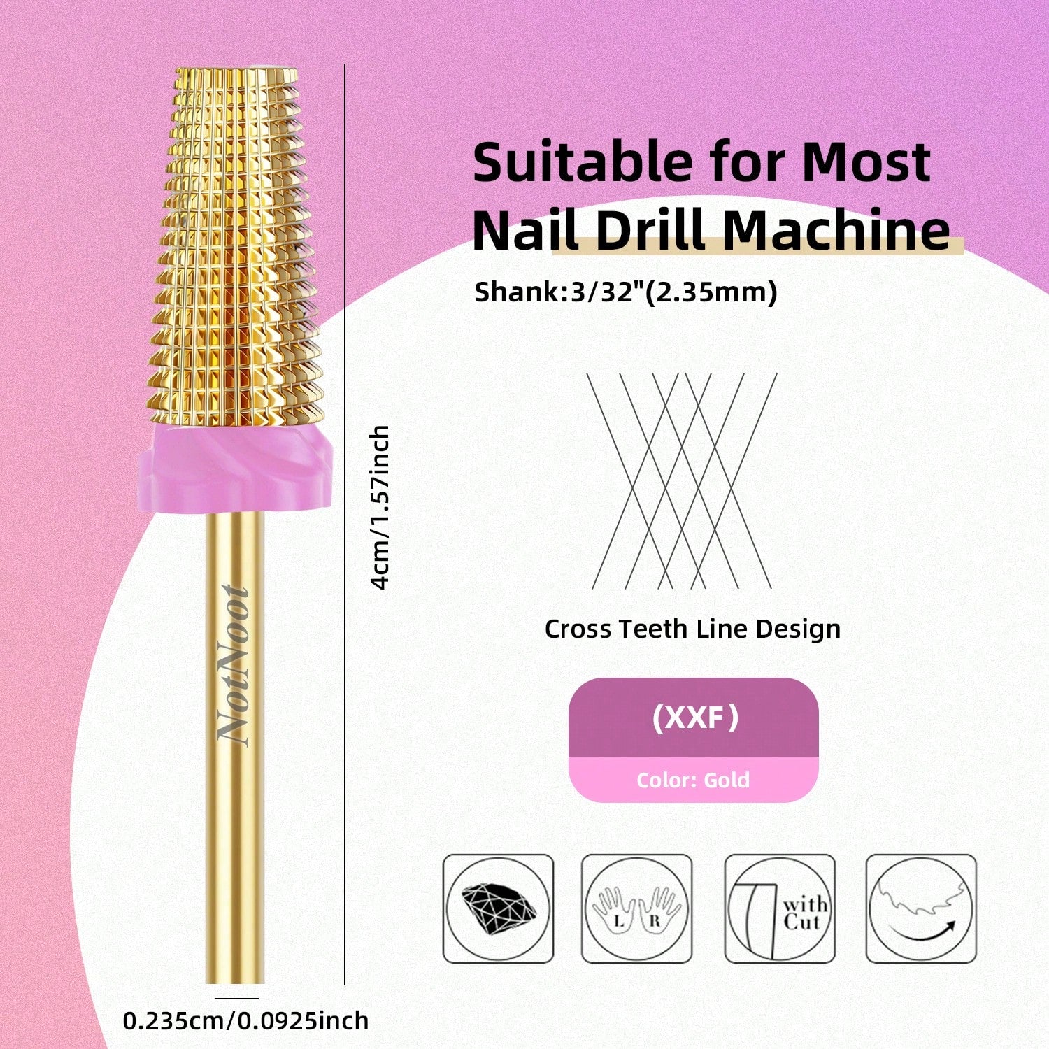 NotNoot Professional Carbide Steel Cross Cone 5-In-1 Flat Top Electric Nail Drill Bit 3/32 Inch Electric Nail Drill Accessory Nail Gel Polish Removal Tool