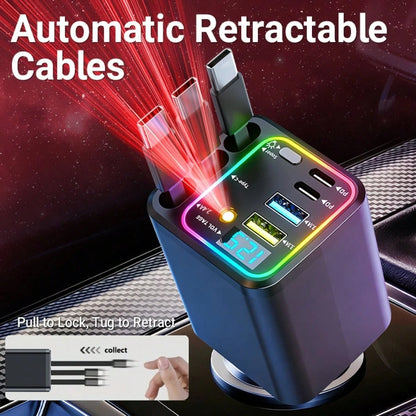 Nuokaiqi 120W Multi-Functional Car Charger With Fast Charging Capability| Comes With 3 Retractable Cables (3Type-C) + 4 Port Expansion| Digital Voltage Monitoring, Stable 13.8V Output, Fast Charging