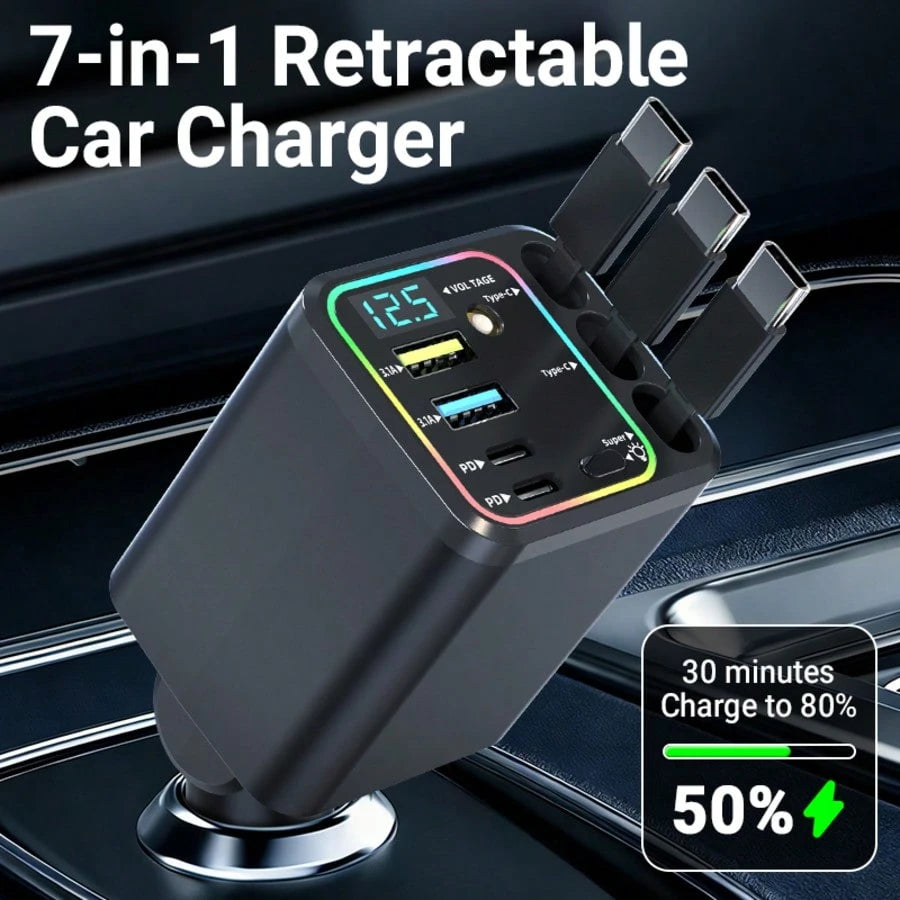 Nuokaiqi 120W Multi-Functional Car Charger With Fast Charging Capability| Comes With 3 Retractable Cables (3Type-C) + 4 Port Expansion| Digital Voltage Monitoring, Stable 13.8V Output, Fast Charging