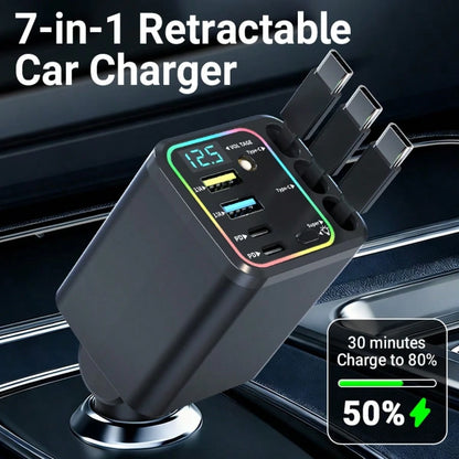 Nuokaiqi 120W Multi-Functional Car Charger With Fast Charging Capability| Comes With 3 Retractable Cables (3Type-C) + 4 Port Expansion| Digital Voltage Monitoring, Stable 13.8V Output, Fast Charging