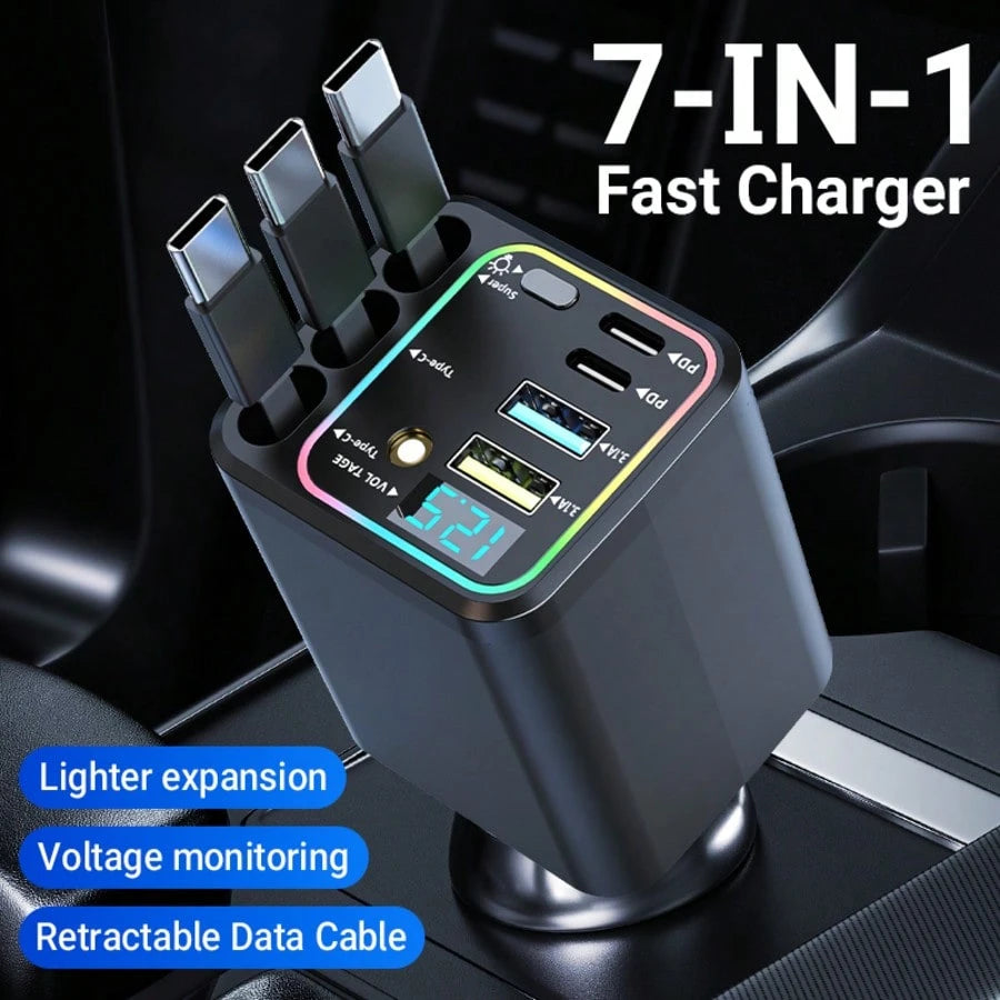 Nuokaiqi 120W Multi-Functional Car Charger With Fast Charging Capability| Comes With 3 Retractable Cables (3Type-C) + 4 Port Expansion| Digital Voltage Monitoring, Stable 13.8V Output, Fast Charging