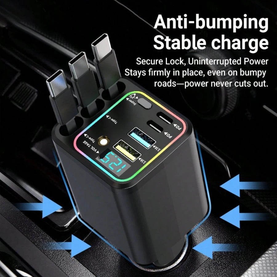 Nuokaiqi 120W Multi-Functional Car Charger With Fast Charging Capability| Comes With 3 Retractable Cables (3Type-C) + 4 Port Expansion| Digital Voltage Monitoring, Stable 13.8V Output, Fast Charging