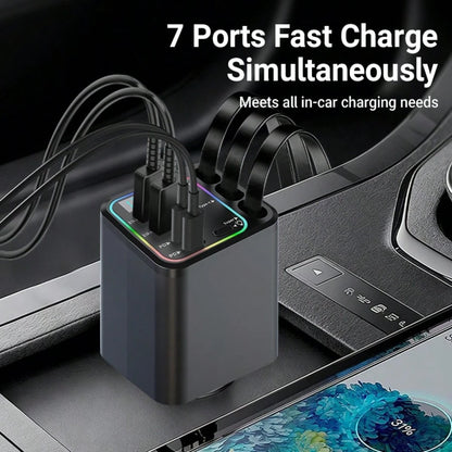 Nuokaiqi 120W Multi-Functional Car Charger With Fast Charging Capability| Comes With 3 Retractable Cables (3Type-C) + 4 Port Expansion| Digital Voltage Monitoring, Stable 13.8V Output, Fast Charging