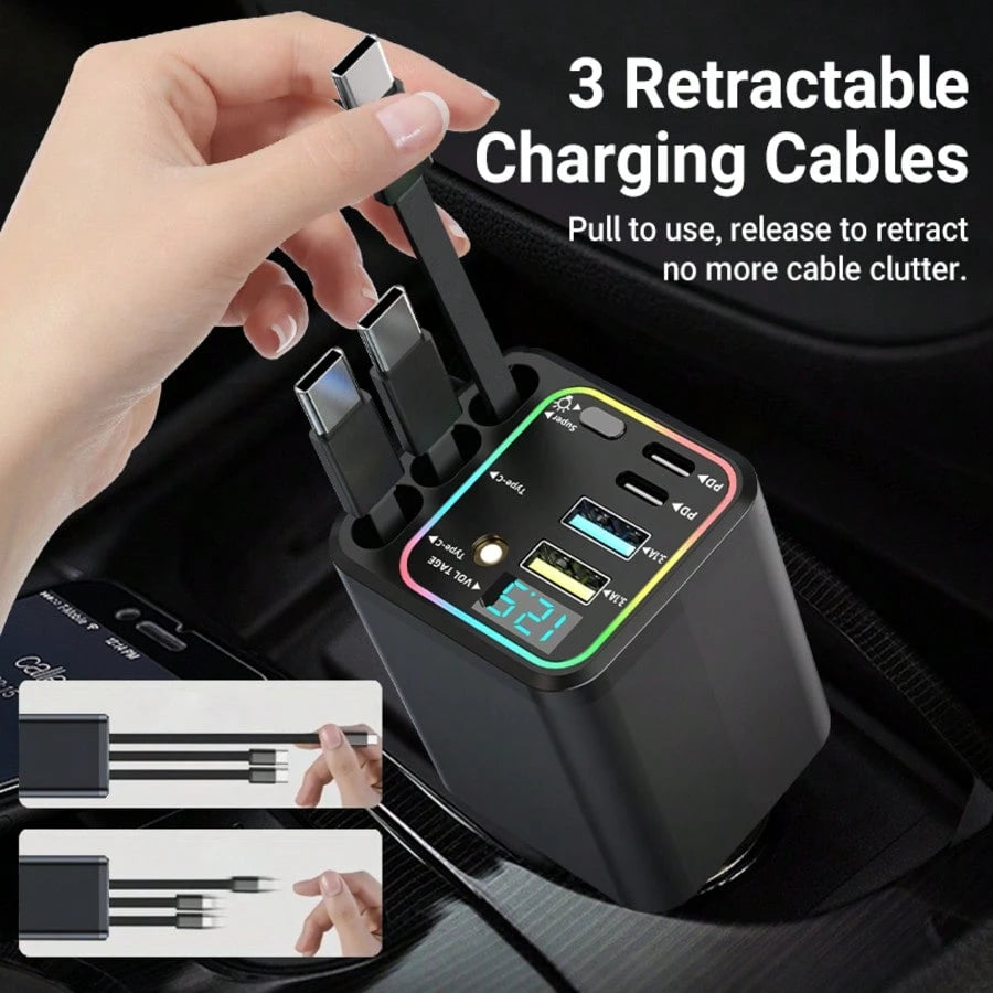 Nuokaiqi 120W Multi-Functional Car Charger With Fast Charging Capability| Comes With 3 Retractable Cables (3Type-C) + 4 Port Expansion| Digital Voltage Monitoring, Stable 13.8V Output, Fast Charging