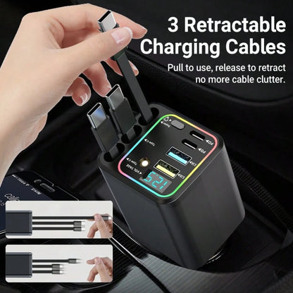 Nuokaiqi 120W Multi-Functional Car Charger With Fast Charging Capability| Comes With 3 Retractable Cables (3Type-C) + 4 Port Expansion| Digital Voltage Monitoring, Stable 13.8V Output, Fast Charging