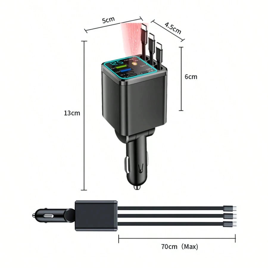 Nuokaiqi 120W Multi-Functional Car Charger With Fast Charging Capability| Comes With 3 Retractable Cables (3Type-C) + 4 Port Expansion| Digital Voltage Monitoring, Stable 13.8V Output, Fast Charging