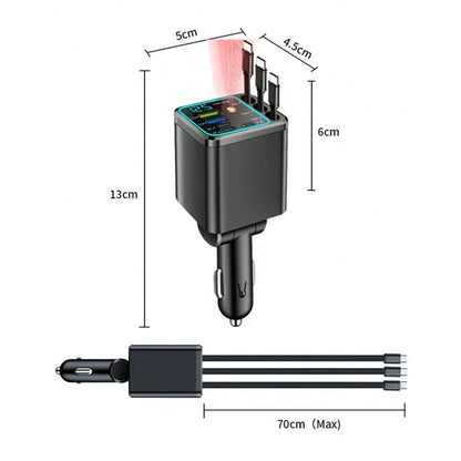 Nuokaiqi 120W Multi-Functional Car Charger With Fast Charging Capability| Comes With 3 Retractable Cables (3Type-C) + 4 Port Expansion| Digital Voltage Monitoring, Stable 13.8V Output, Fast Charging