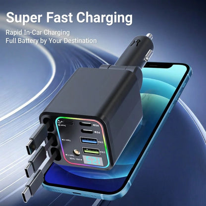 Nuokaiqi 120W Multi-Functional Car Charger With Fast Charging Capability| Comes With 3 Retractable Cables (3Type-C) + 4 Port Expansion| Digital Voltage Monitoring, Stable 13.8V Output, Fast Charging