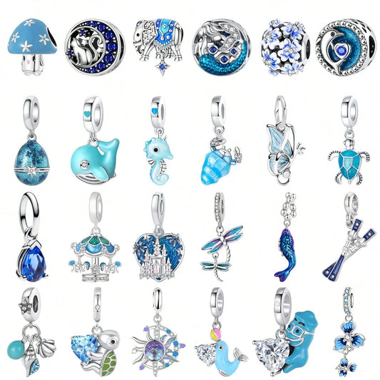 Ocean Blue Enamel Bracelet Beads Pendant, Ocean Animal Bracelet Charm, Silver-Plated Large Hole Beads Pendant With Dolphin, Turtle, Seahorse, DIY Bracelet Jewelry Accessories To Showcase Women's Charm